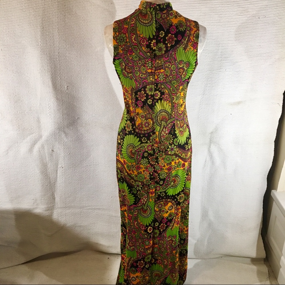 Vintage 60s 70s Paisley Print Neon Long Maxi Dress - Picture 5 of 8